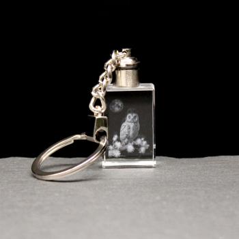 Crystal cuboid block as LED keychain, motif Owl
