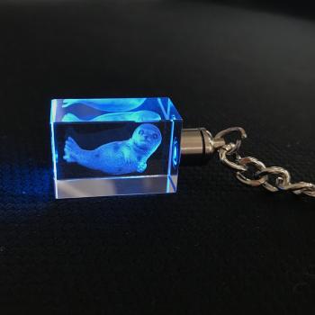 Crystal cuboid block as LED keychain, motif Seal mascot