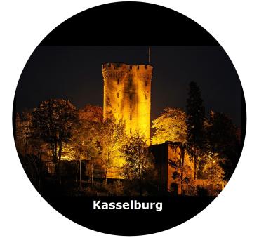 Strong, colorful, round glass magnets, motif Kasselburg