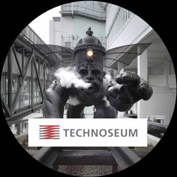Strong, colorful, round glass magnets, motif Machine Man Technoseum