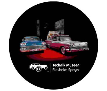 Strong, colorful, round glass magnets, motif Oldtimer Technikmuseum