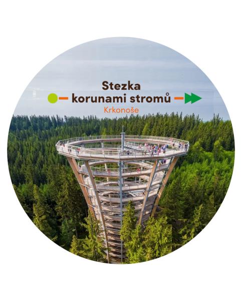 Strong, colorful, round glass magnets, motif Krkonose Treetop Walkway with Logo