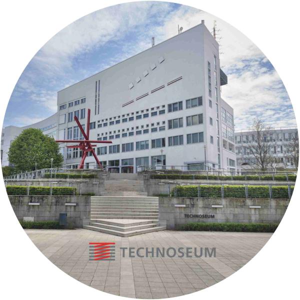 Strong, colorful, round glass magnets, motif Technoseum Building with Logo
