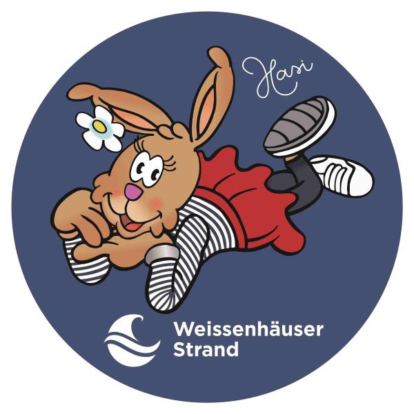 Strong, colorful, round glass magnets, motif Rabbit woman with Weissenhäuser Strand logo