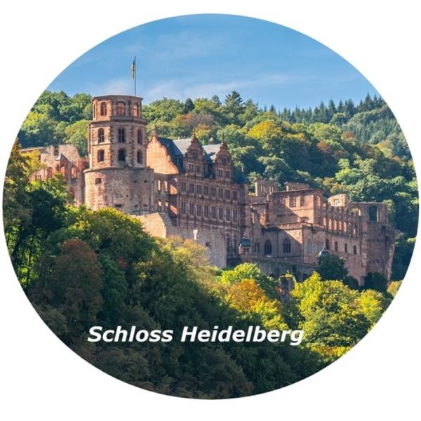 Strong, colorful, round glass magnets, motif Heidelberg Castle with lettering