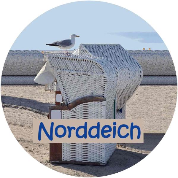 Strong, colorful, round glass magnets, motif Norddeich beach chair